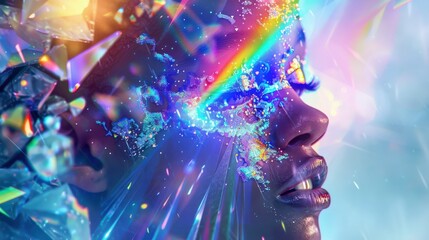 Poster - A woman’s face illuminated with vibrant colors, surrounded by shimmering crystals and light reflections, creating a striking and surreal visual effect