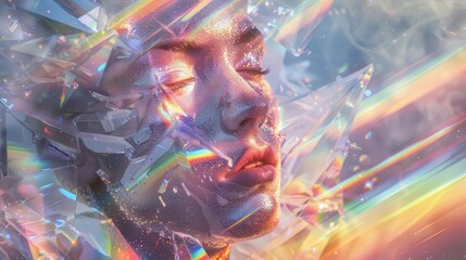 Poster - A woman’s face captivates as vibrant light refracts through crystal shards, creating a magical and ethereal atmosphere