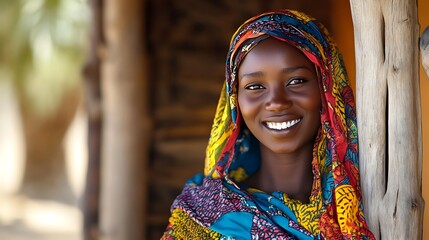 Wall Mural - A beautiful Chadian woman. Chad. A beautiful Chadian woman. A joyful woman in a vibrant headscarf smiles warmly against a rustic background, reflecting cultural heritage and beauty.  #wotw