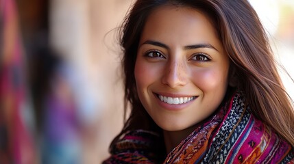 A beautiful Chilean woman. Chile. A beautiful Chilean woman. A cheerful young woman with long, flowing hair warmly smiles while wrapped in a colorful scarf, exuding confidence and positivity.  #wotw