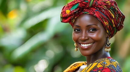 A beautiful Congolese woman. Republic-of-the-Congo. A beautiful Congolese woman. A cheerful young woman in vibrant traditional attire and headwrap smiles against a lush green background, convey. #wotw