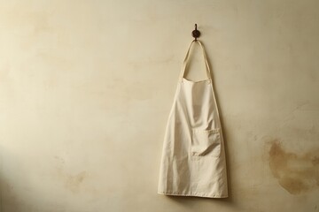 A light-colored chef's apron is displayed hanging from a hook, offering a minimalist touch to the warm and inviting kitchen decor