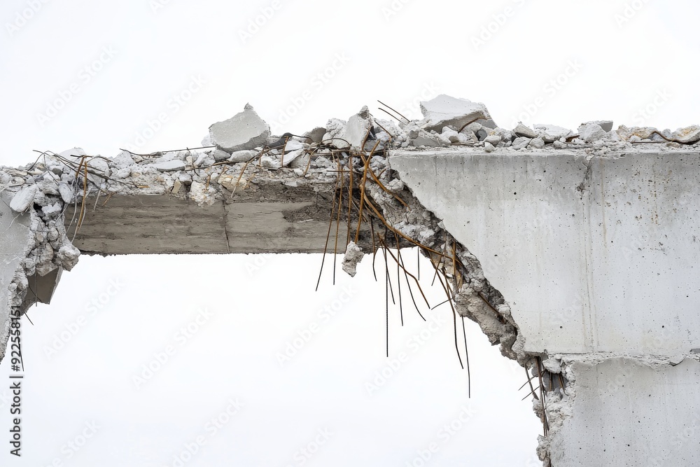 Structural Neglect The image shows a partially collapsed concrete structure, with exposed ...