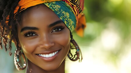 Wall Mural - A beautiful Jamaican woman. Jamaica. A beautiful Jamaican woman. A joyful woman with a vibrant headwrap and earrings smiles brightly against a soft, natural background, conveying a sense of hap. #wotw