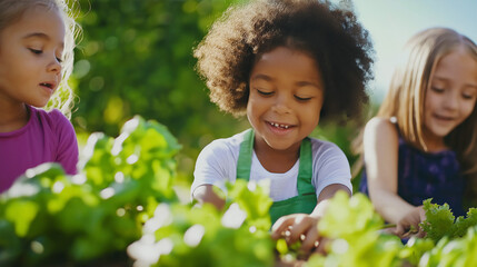 group of diverse children planting vegetables in urban garden, sustainable farming in city, copy spa