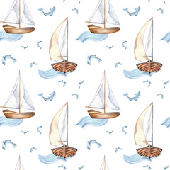 Sailboat one mast on waves and small fish hand drawn by seamless pattern. Nautical design textile in watercolor . Fishes and sail vessel on background isolated. Element for packaging, marine products