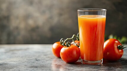 A glass of juice is displayed on a table alongside fresh tomatoes, creating a vibrant and appetizing scene.