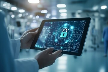 A medical professional holds a tablet showing a secure interface with a padlock, emphasizing data protection in a healthcare environment