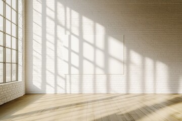 Poster - Sunlight floods the empty room through large windows, creating intricate shadows against the sleek white brick walls and wooden floor