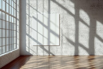 Poster - A modern room features large sunlit windows, creating shadows on a white brick wall with an empty canvas ready for creative expression