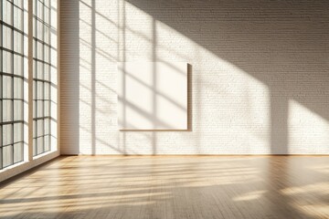 Poster - An empty modern room features large sunlit windows casting intricate shadows on a sleek white brick wall, creating a serene atmosphere
