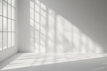Poster - A minimalist white room features a smooth wall, highlighting soft shadows cast by window panes, creating a tranquil atmosphere
