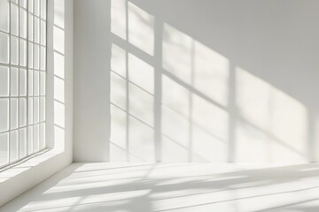 Poster - Subtle shadows stretch across the smooth white wall and floor, created by morning light filtering through the window’s grid design