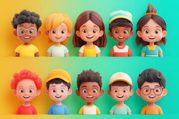 Wall Mural - set of 10 profile picture of various smiling children in cartoon version. diversity, child concept