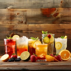 Assortment of fresh drinks on wooden background