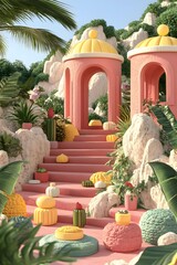 Poster - Pink Steps And Arches In Tropical Garden Illustration