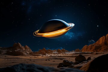 futuristic spaceship hovers above a rocky alien planet under a starlit sky, representing an interste