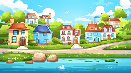 Cartoon Illustration of a Village with Houses, River, and Green Landscape