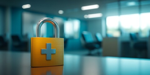 Poster - A padlock serves as an important symbol for healthcare data security in a hospital environment, highlighting how crucial it is to safeguard sensitive patient information from unauthorized access