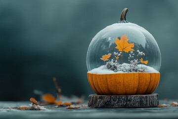 pumpkin snow globe with snowy scene inside, creating a festive autumn decoration