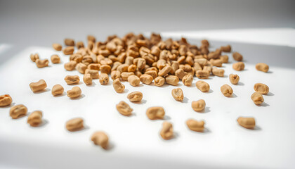 A closeup of dry dog food kibble scattered across a clean white surface, showcasing the texture and shape of each piece in bright daylight isolated with white highlights, png