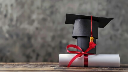 A black graduation cap with a red tassel sits atop a rolled-up diploma with a red ribbon.