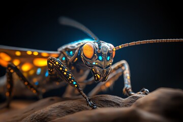 Poster - Macro shot of a vibrant, colorful insect with intricate patterns on a dark background, showcasing its detailed beauty.