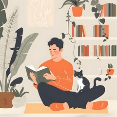 Wall Mural - Man Reading Book with Cat and Plants Illustration