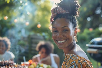 Wall Mural - Portrait of a smiling young woman attending a barbecue