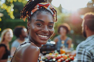 Wall Mural - Portrait of a smiling young woman attending a barbecue