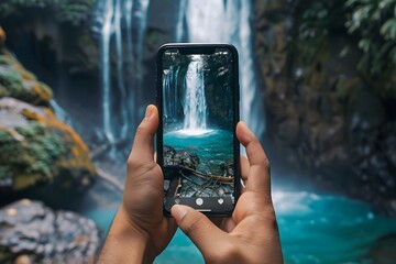 Man Taking Photo Of Waterfall On Phone