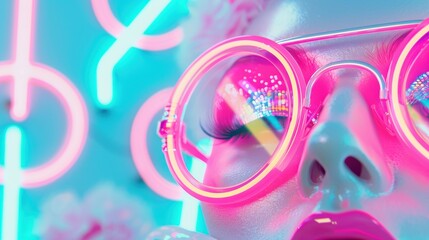 Close-up of neon glowing objects, including signs, lights, and decorative items, creating a vibrant and colorful atmosphere.