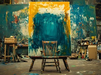 Wall Mural - Abstract Art Painting on Easel With Chair in Studio