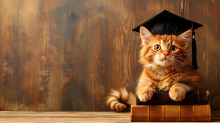 Wall Mural - Graduation cap-wearing  charming orange kitten with old books on a wooden background