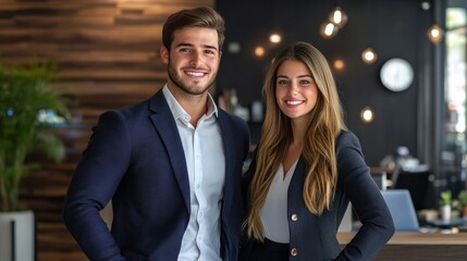 Male and female business couple posing smiling at their business office looking at the camera