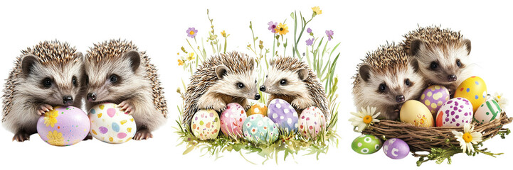 Set off Hedgehogs with Easter Eggs. Charming hedgehogs isolated on a transparent background