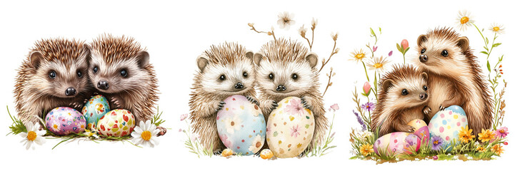 Set off Hedgehogs with Easter Eggs. Charming hedgehogs is isolated on a transparent background