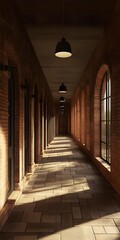 Wall Mural - Long Brick Corridor with Hanging Lights