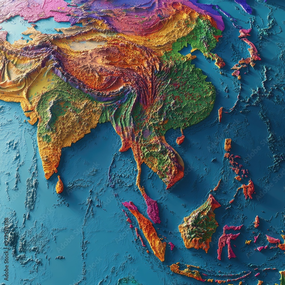Illustration Stock A detailed digital map of Asia, highlighting the ...