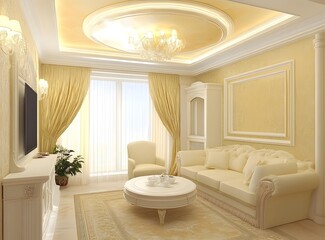 Canvas Print - Luxury Living Room Interior Design with Elegant White Furniture and Golden Accents