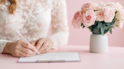 Closeup of a woman's hand signing a document with a gold pen.