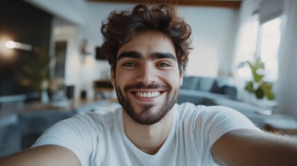 Selfie picture of a happy young handsome millennial man smiling at the camera in the living room in a modern home