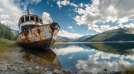 Wide-angle view of a weathered, rust-covered abandoned iron ship near a lake. The Pioneer vessel rests along the shores