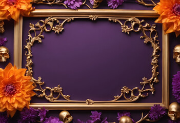 An ornate golden picture frame adorned with vibrant flowers, including orange and purple dahlias, set against a rich purple background.