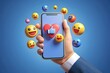 © Mahmudul - Social media concept. Marketing time. Realistic3d design. Cartoon style. In hand phone sends emoticons of emotions to friends. Mobile Template Social network. smile icon. 3d Vector illustration