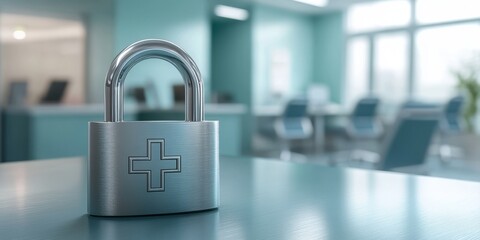 Poster - A padlock symbolizes the vital importance of strong healthcare data security in hospitals, emphasizing the need for confidentiality and trust among patients and staff to protect sensitive information