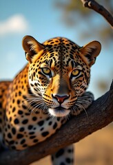 Wall Mural - Portrait of a leopard on a tree..