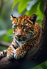 Wall Mural - Portrait of a leopard on a tree..