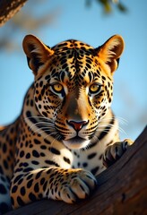 Wall Mural - Portrait of a leopard on a tree..