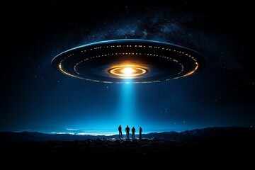 Poster - Silhouetted figures beneath a large UFO with a bright beam of light, set against a starry night sky.